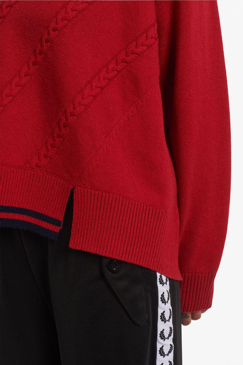 Red Fred Perry Split Hem Cable Knit Jumper Women's Knitwear | PH 1932TCEV